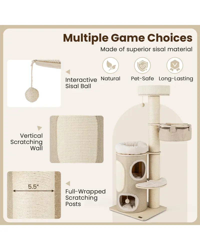 61 Inches Cat Tree for Indoor Cats with 2-stoery Condo and Top Perch-Natural - Natural - Cat Trees Condos & Scratchers