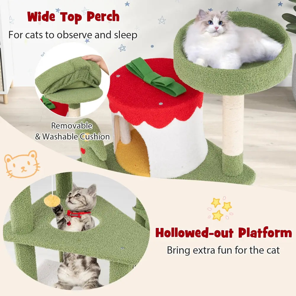 61 Inches Cute Christmas Cat Tree with Sisal Scratching Posts and 2 Condos-Green - Green - Cat Trees Condos & Scratchers