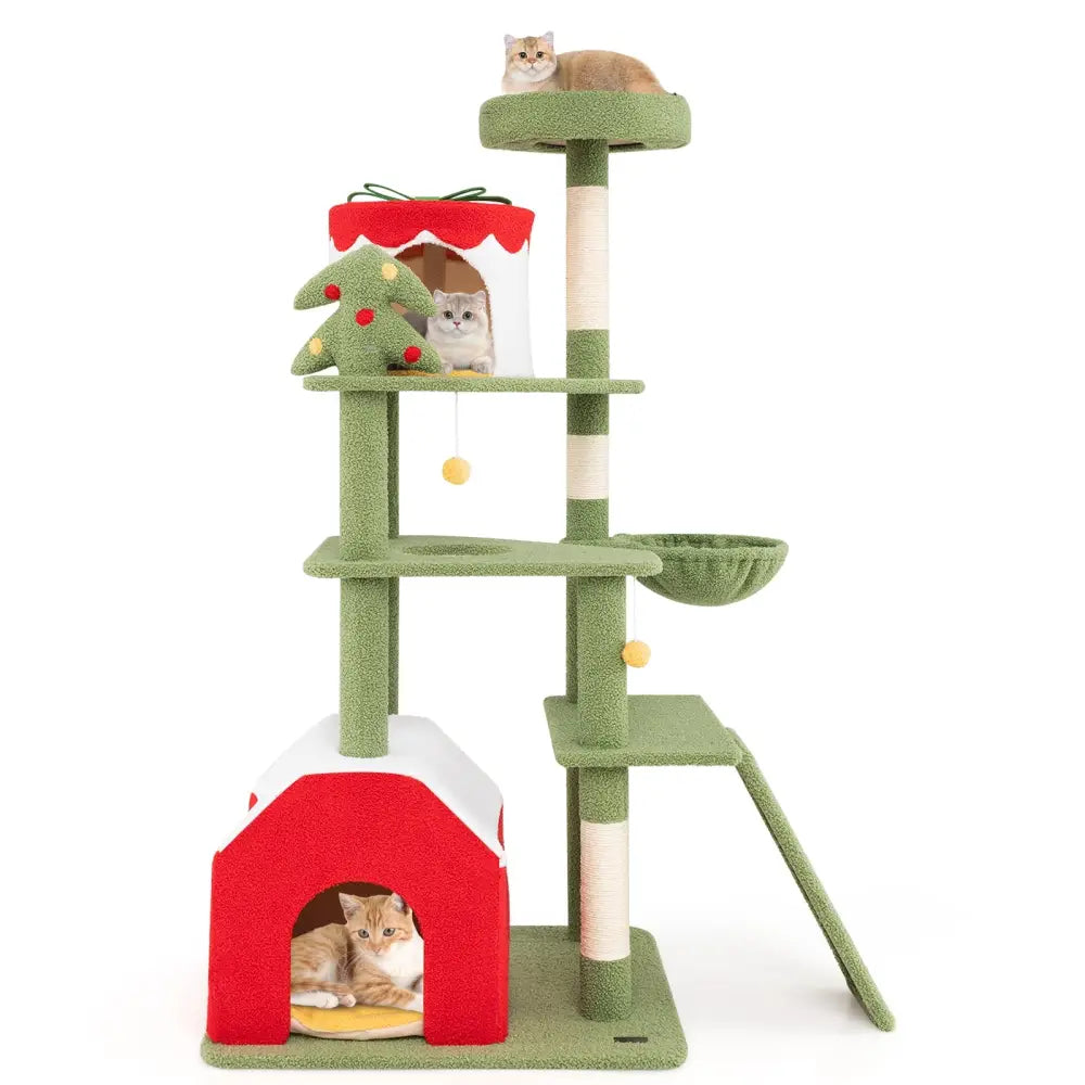 61 Inches Cute Christmas Cat Tree with Sisal Scratching Posts and 2 Condos-Green - Green - Cat Trees Condos & Scratchers