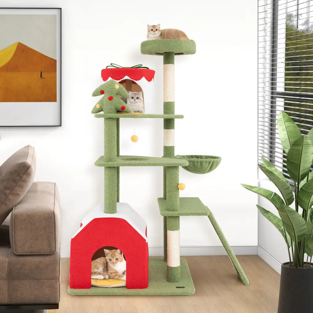 61 Inches Cute Christmas Cat Tree with Sisal Scratching Posts and 2 Condos-Green - Green - Cat Trees Condos & Scratchers