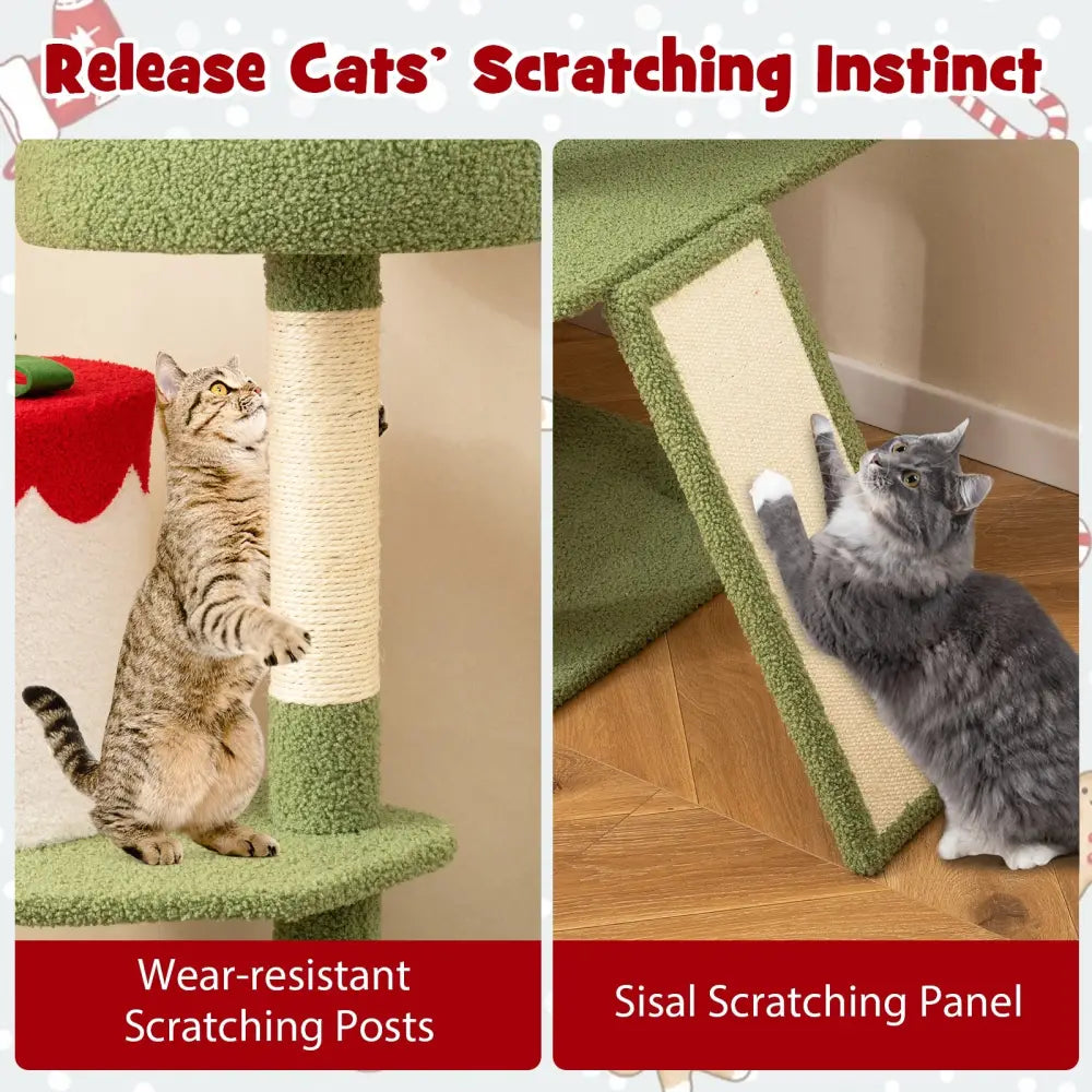 61 Inches Cute Christmas Cat Tree with Sisal Scratching Posts and 2 Condos-Green - Green - Cat Trees Condos & Scratchers