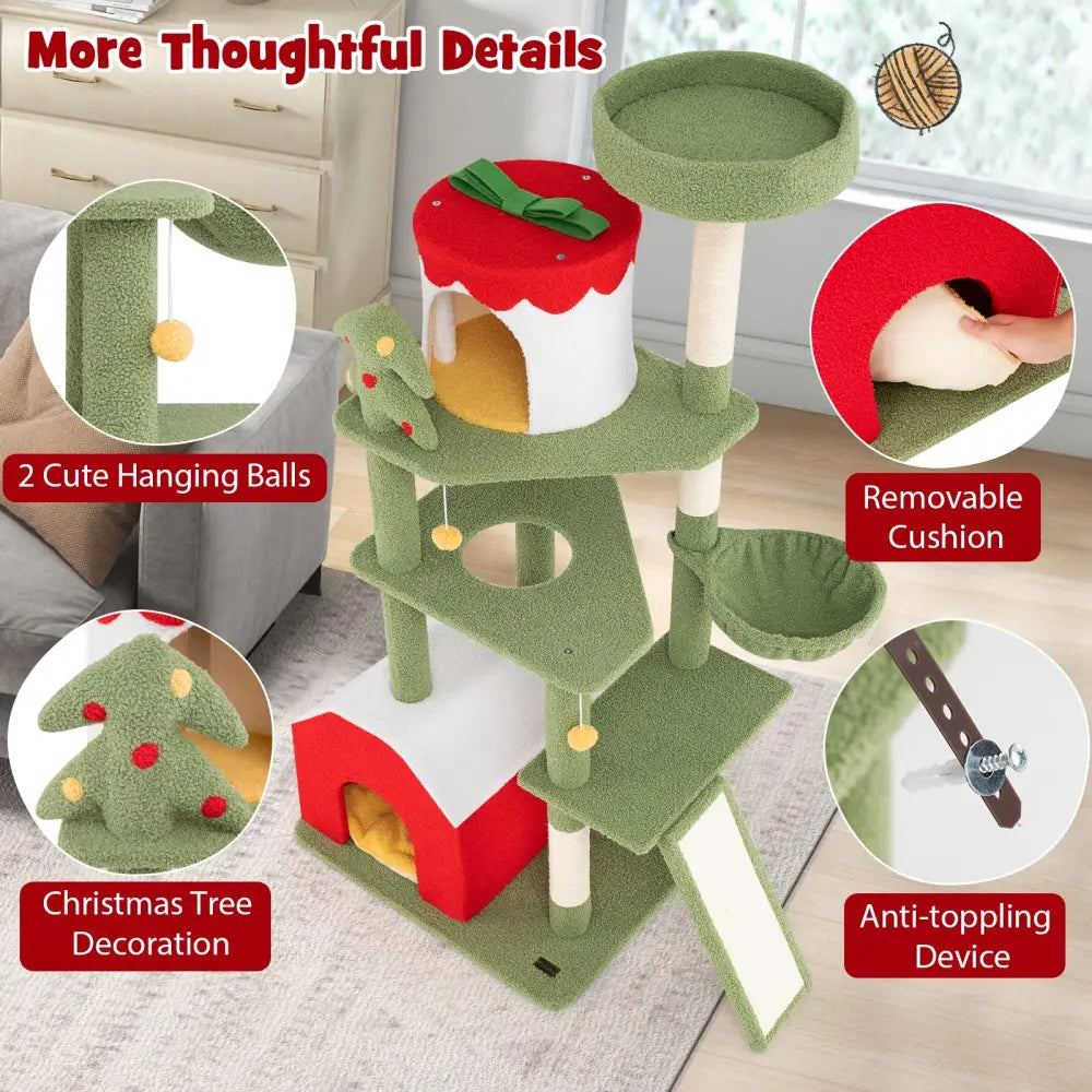61 Inches Cute Christmas Cat Tree with Sisal Scratching Posts and 2 Condos-Green - Green - Cat Trees Condos & Scratchers