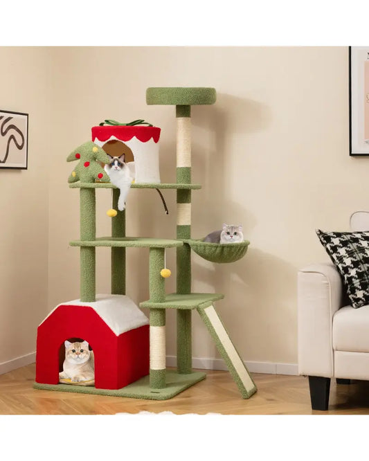 61 Inches Cute Christmas Cat Tree with Sisal Scratching Posts and 2 Condos-Green - Green - Cat Trees Condos & Scratchers