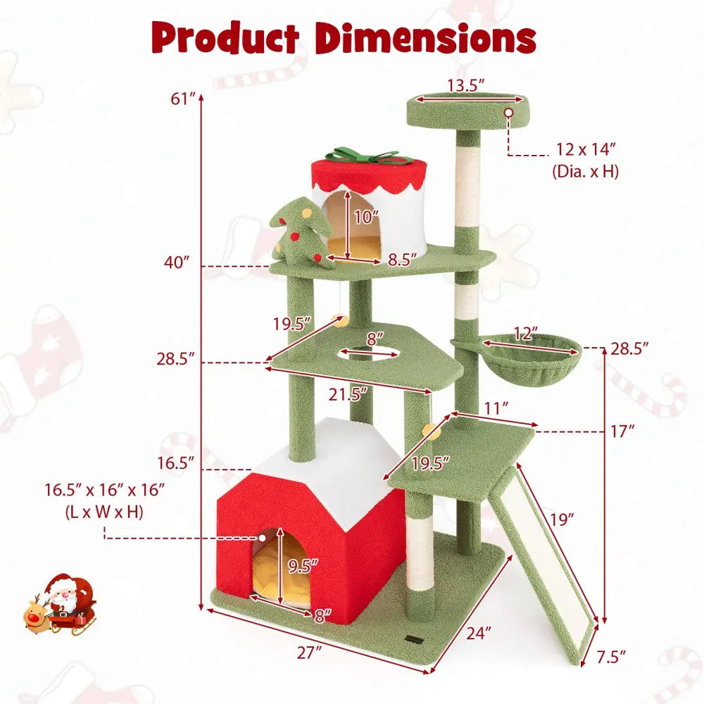 61 Inches Cute Christmas Cat Tree with Sisal Scratching Posts and 2 Condos-Green - Green - Cat Trees Condos & Scratchers