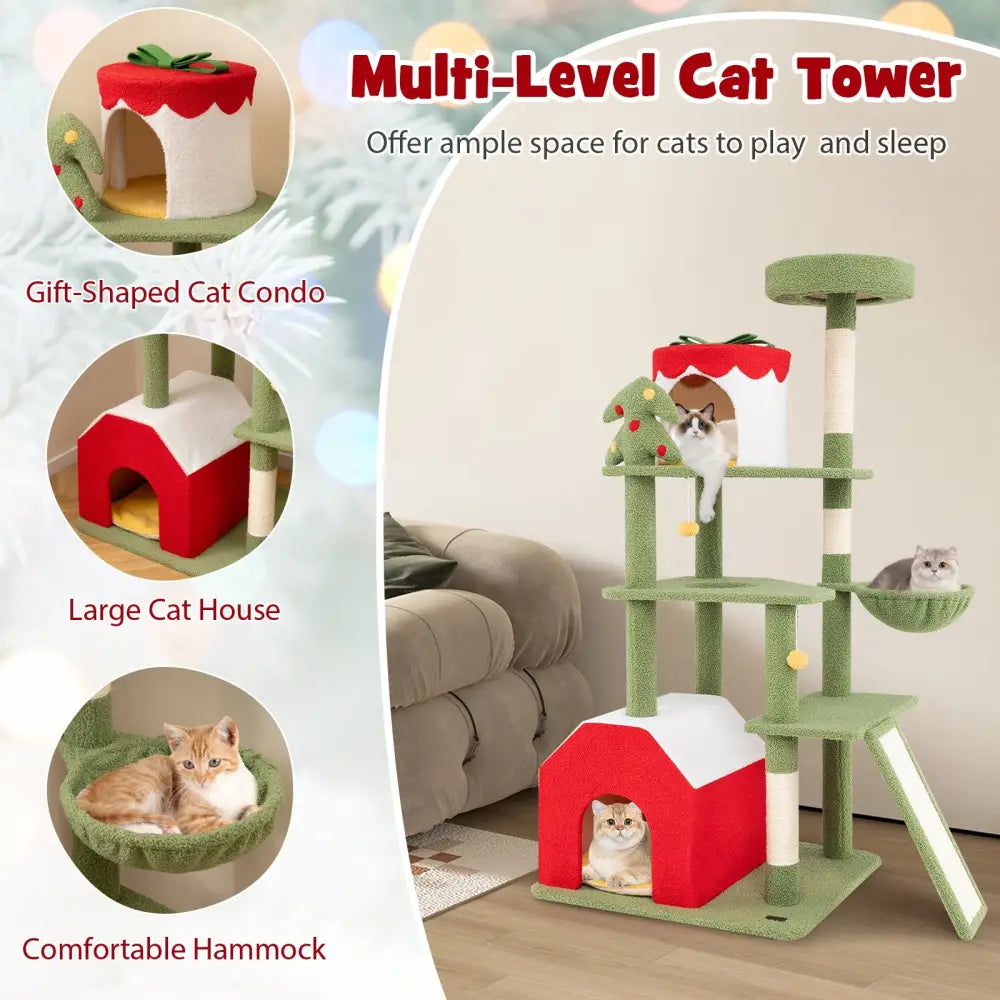 61 Inches Cute Christmas Cat Tree with Sisal Scratching Posts and 2 Condos-Green - Green - Cat Trees Condos & Scratchers