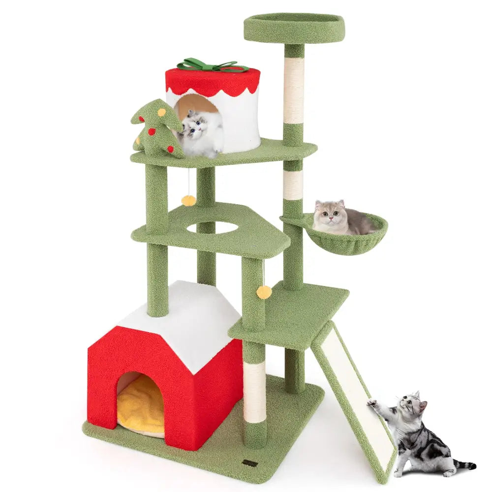 61 Inches Cute Christmas Cat Tree with Sisal Scratching Posts and 2 Condos-Green - Green - Cat Trees Condos & Scratchers