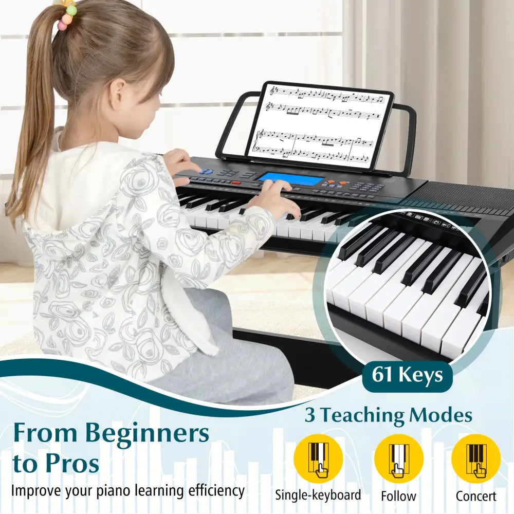 61-Key Electronic Keyboard Piano Starter Set with Stand Bench and Headphones - Black - Pianos & Keyboards