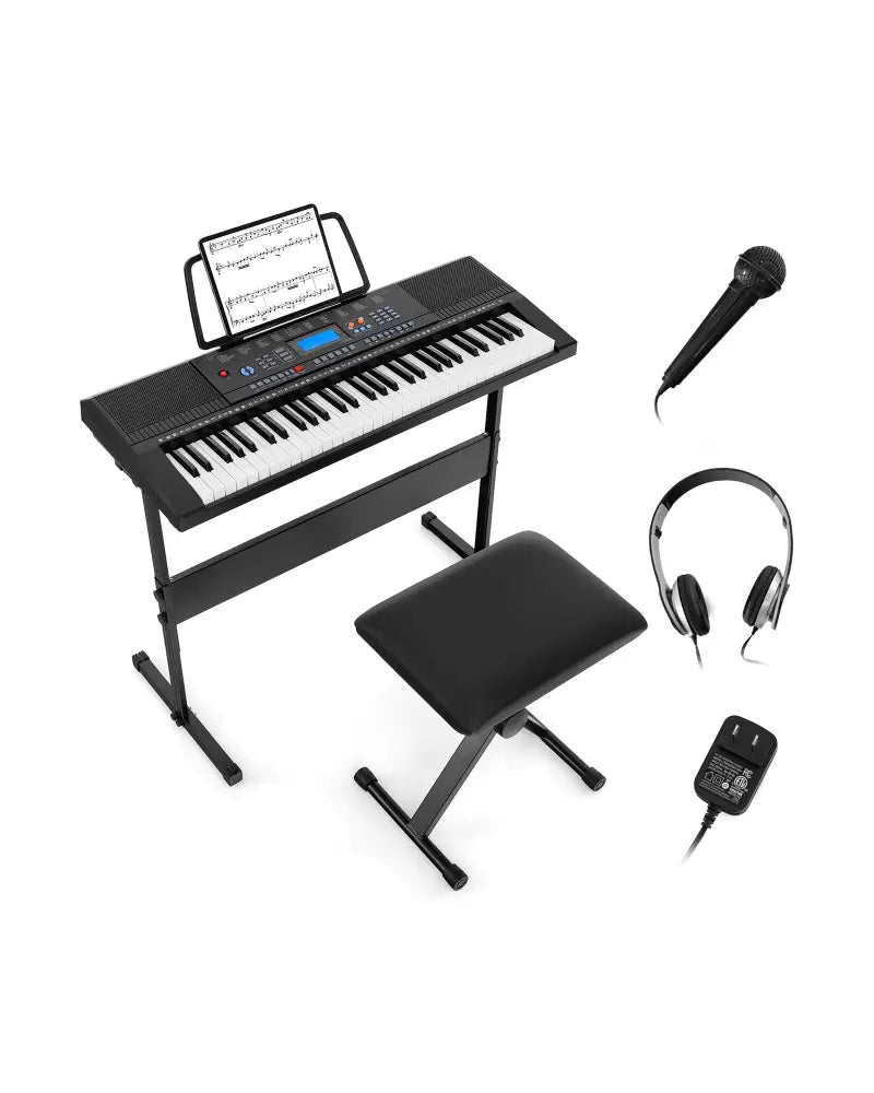61-Key Electronic Keyboard Piano Starter Set with Stand Bench and Headphones - Black - Pianos & Keyboards
