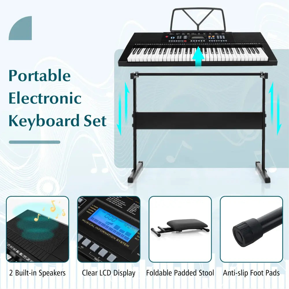 61-Key Electronic Keyboard Piano Starter Set with Stand Bench and Headphones - Black - Pianos & Keyboards