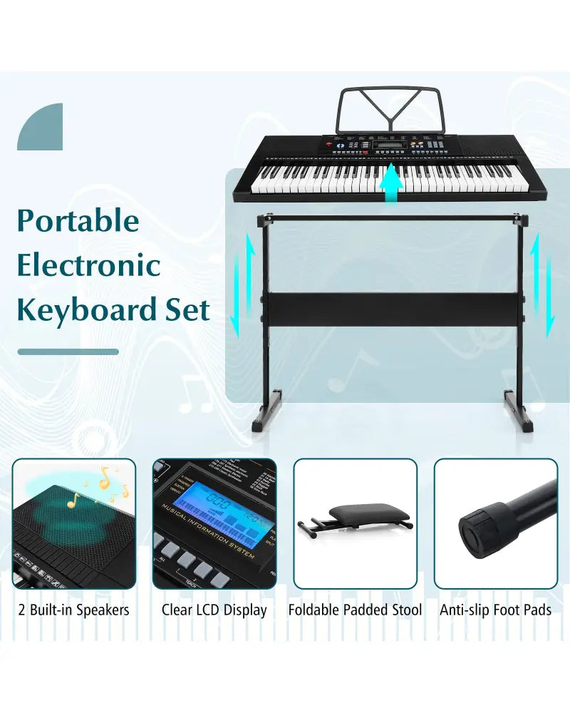 61-Key Electronic Keyboard Piano Starter Set with Stand Bench and Headphones - Black - Pianos & Keyboards