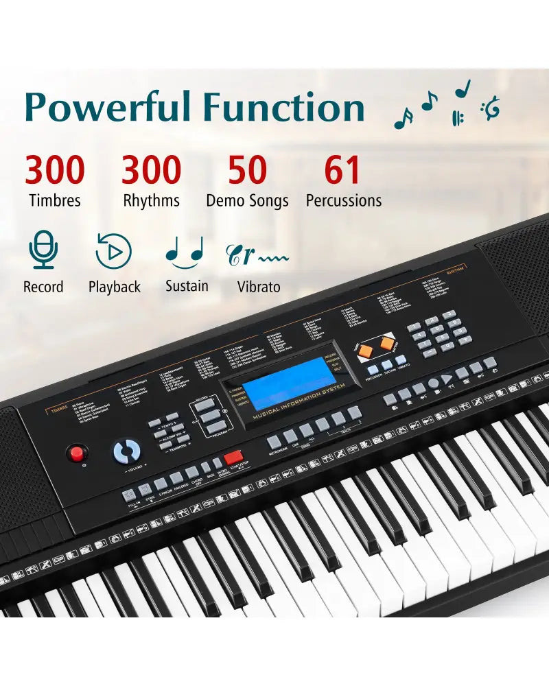 61-Key Electronic Keyboard Piano Starter Set with Stand Bench and Headphones - Black - Pianos & Keyboards