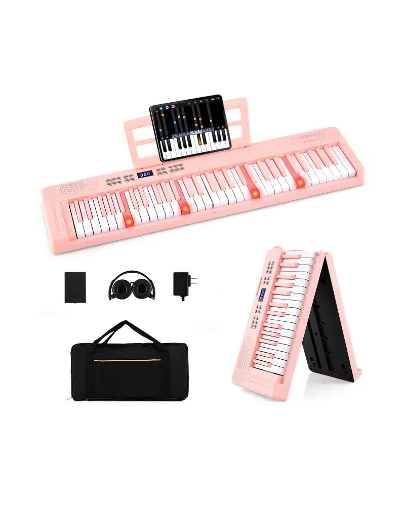 61-Key Foldable Piano Keyboard Full-size Electronic Keyboard with MIDI and Split Function-Pink - Pink - Pianos &