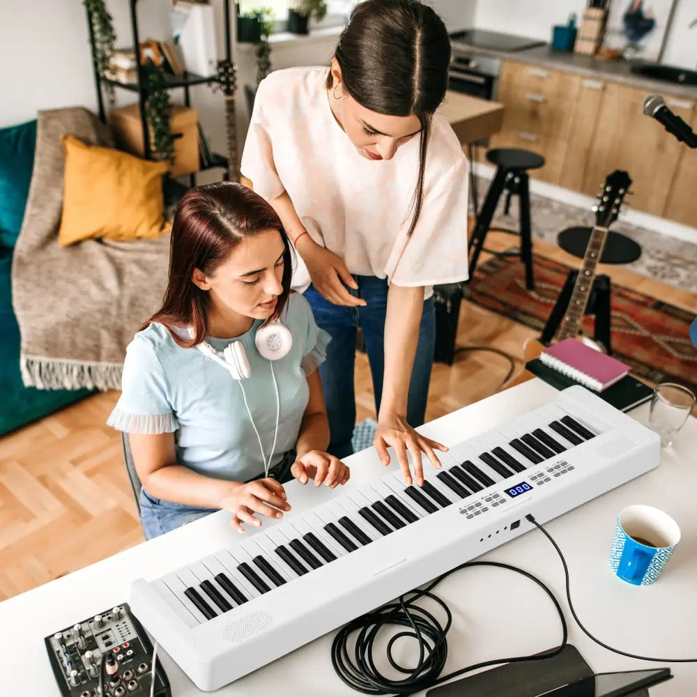 61-Key Foldable Piano Keyboard Full-size Electronic Keyboard with MIDI and Split Function-White - White - Pianos &