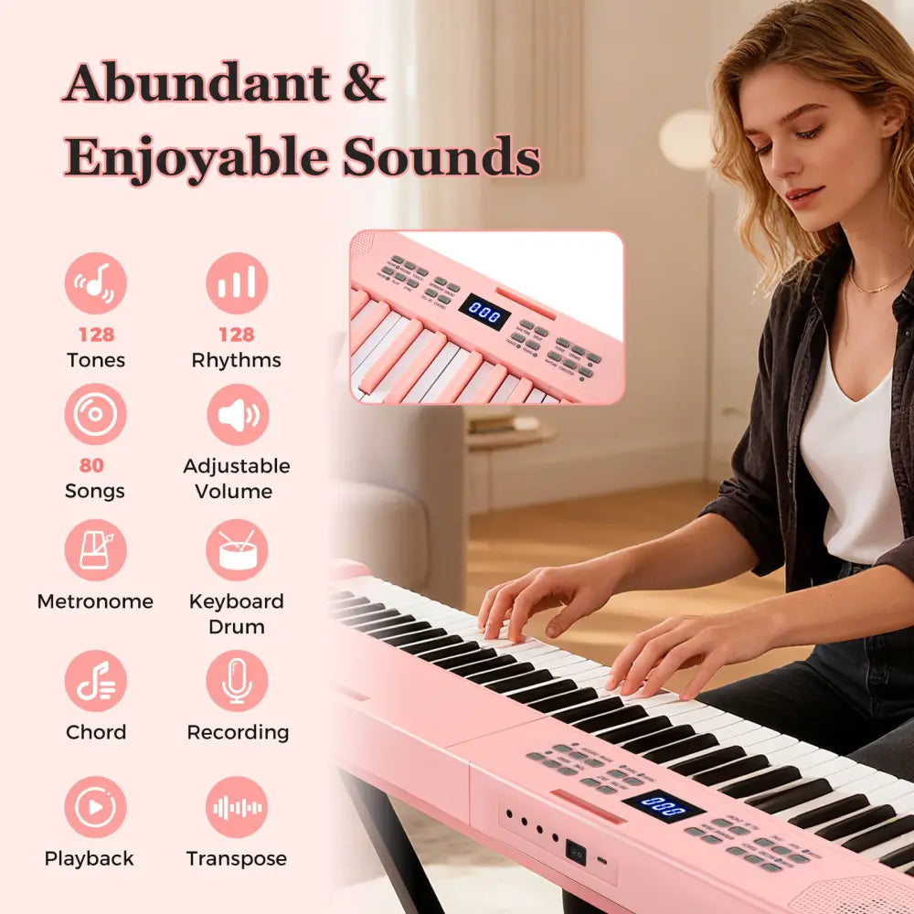 61-Key Foldable Piano Keyboard Full-size Electronic Keyboard with MIDI and Split Function-Pink - Pink - Pianos &