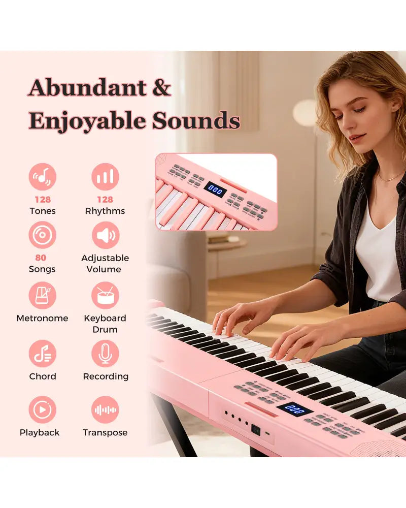 61-Key Foldable Piano Keyboard Full-size Electronic Keyboard with MIDI and Split Function-Pink - Pink - Pianos &