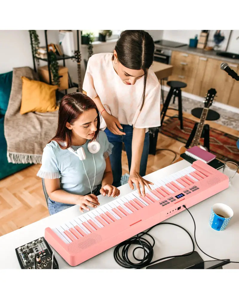 61-Key Foldable Piano Keyboard Full-size Electronic Keyboard with MIDI and Split Function-Pink - Pink - Pianos &