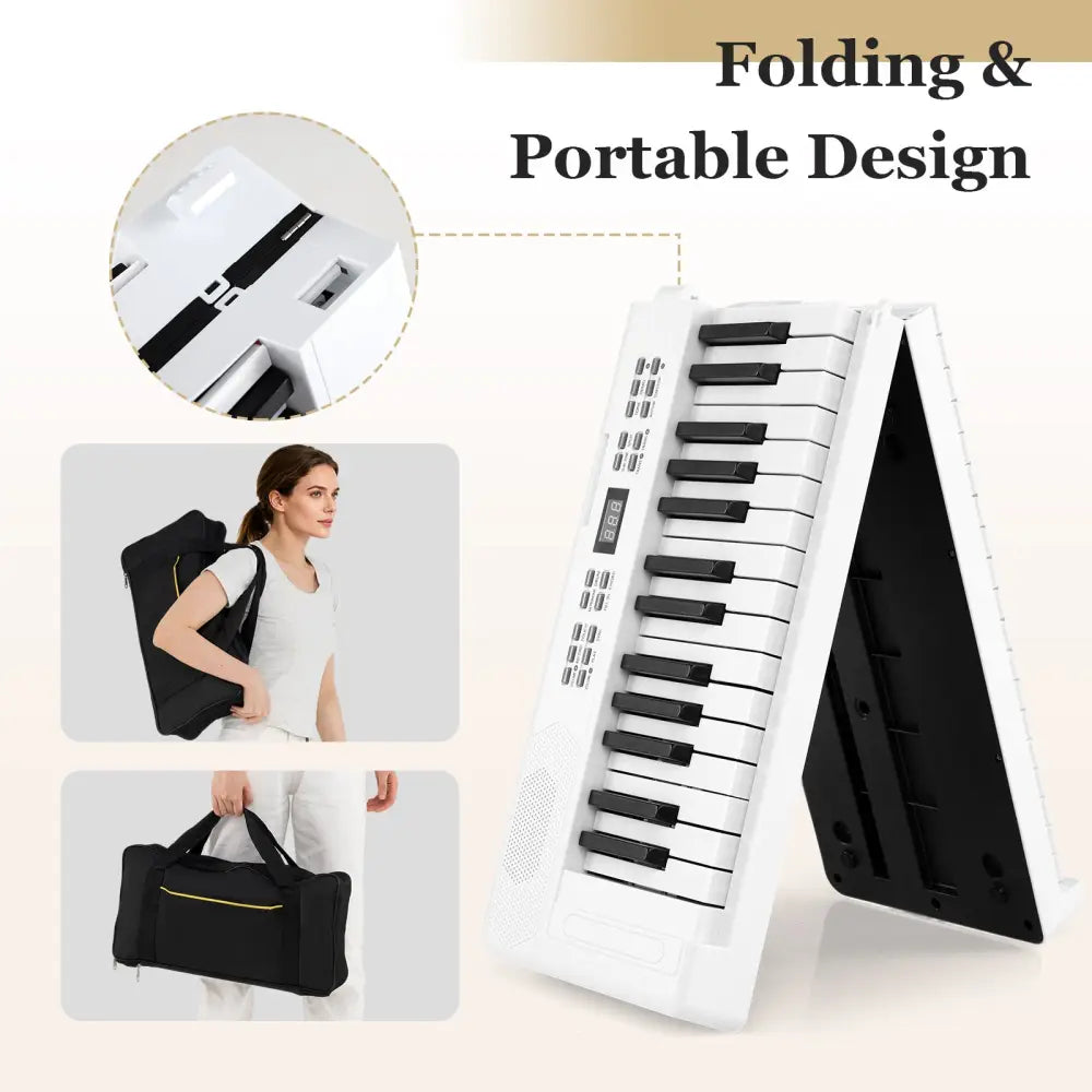61-Key Foldable Piano Keyboard Full-size Electronic Keyboard with MIDI and Split Function-White - White - Pianos &