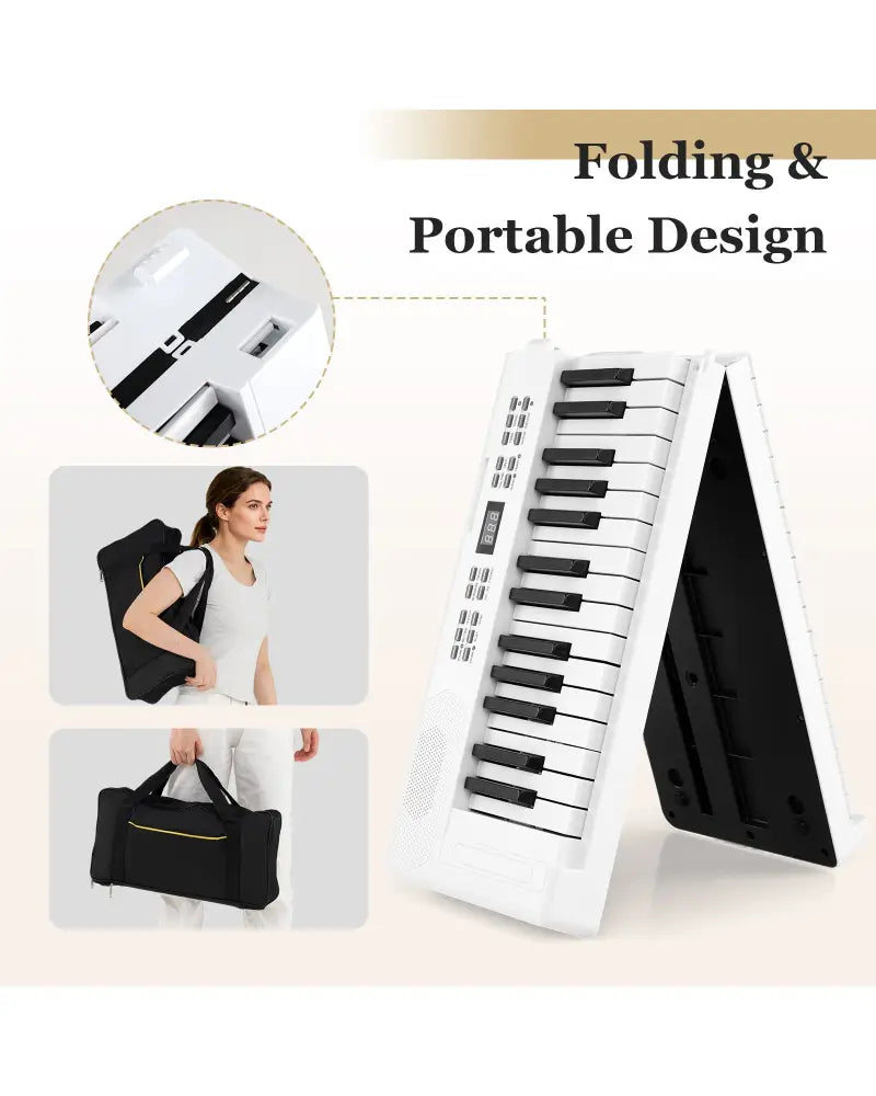 61-Key Foldable Piano Keyboard Full-size Electronic Keyboard with MIDI and Split Function-White - White - Pianos &