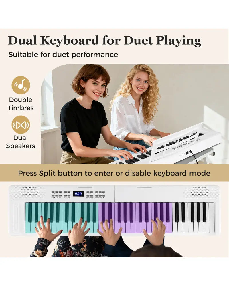61-Key Foldable Piano Keyboard Full-size Electronic Keyboard with MIDI and Split Function-White - White - Pianos &