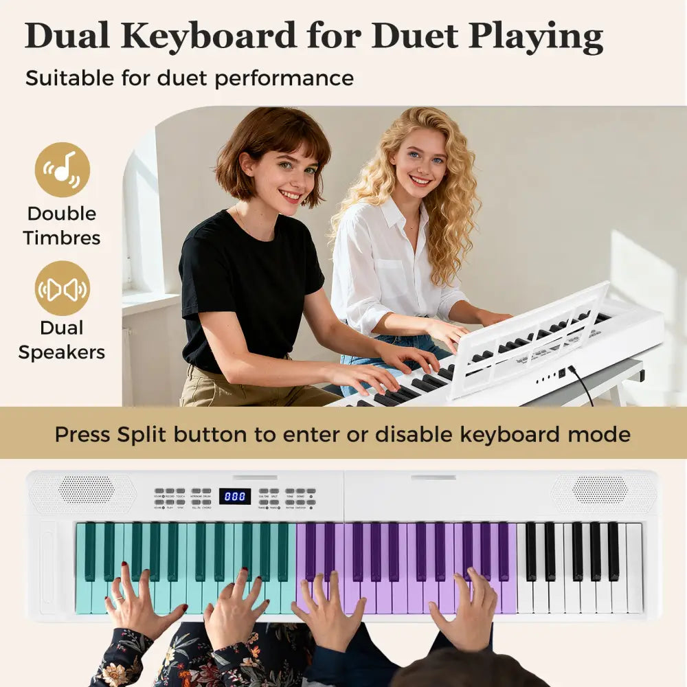 61-Key Foldable Piano Keyboard Full-size Electronic Keyboard with MIDI and Split Function-White - White - Pianos &