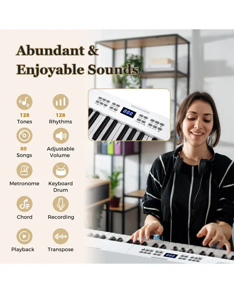 61-Key Foldable Piano Keyboard Full-size Electronic Keyboard with MIDI and Split Function-White - White - Pianos &