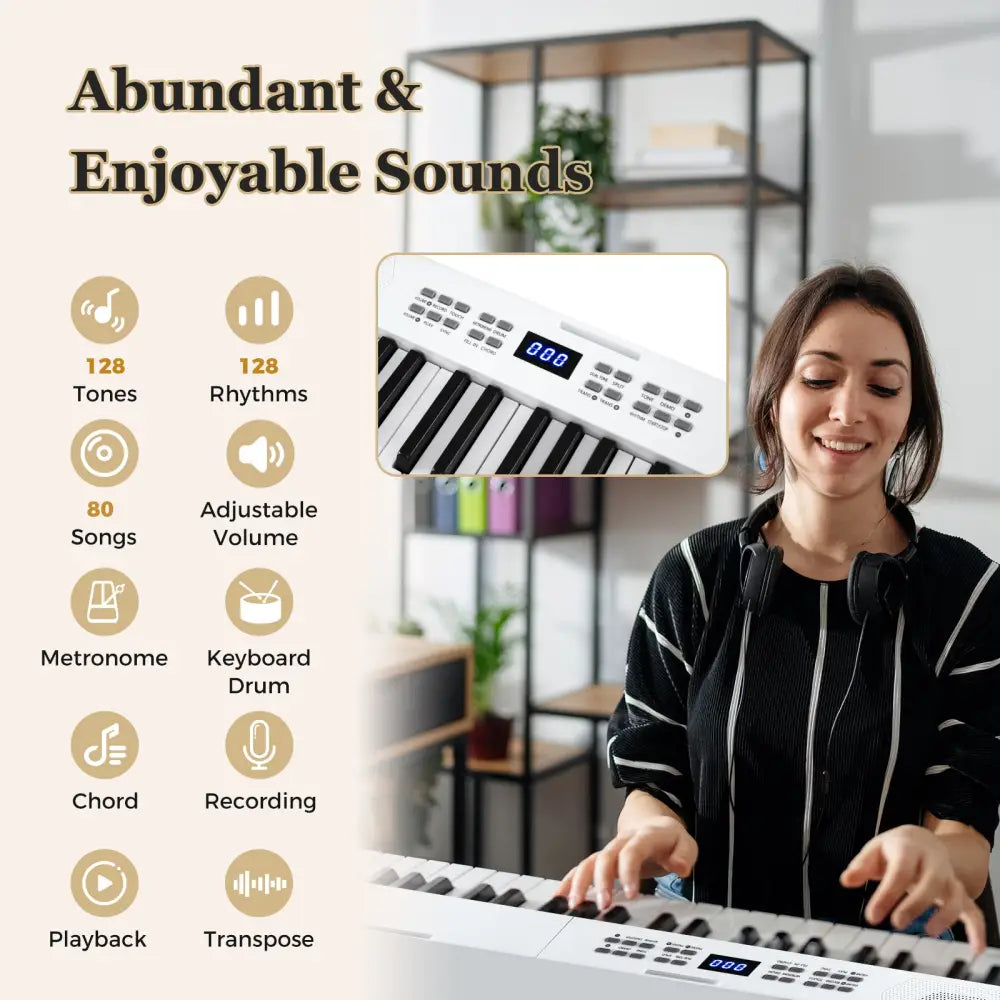61-Key Foldable Piano Keyboard Full-size Electronic Keyboard with MIDI and Split Function-White - White - Pianos &
