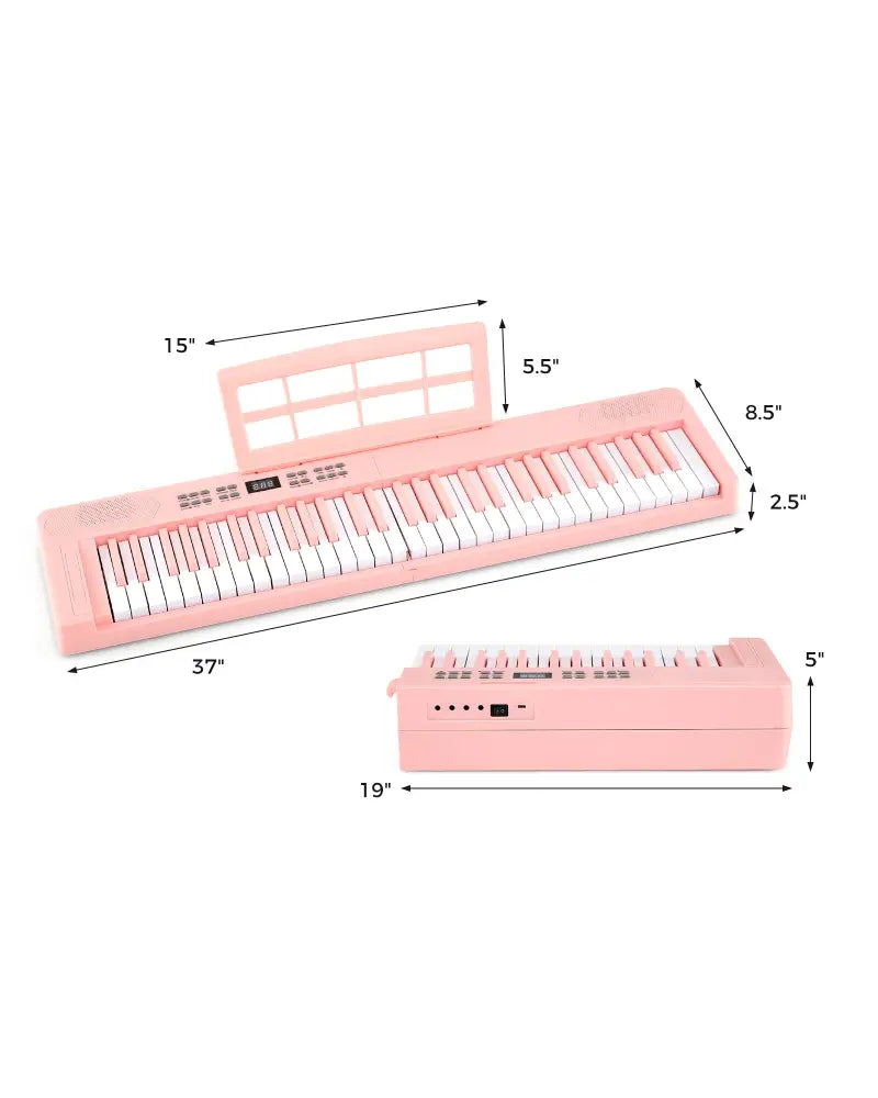 61-Key Foldable Piano Keyboard Full-size Electronic Keyboard with MIDI and Split Function-Pink - Pink - Pianos &