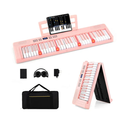 61-Key Foldable Piano Keyboard Full-size Electronic Keyboard with MIDI and Split Function-Pink - Pink - Pianos &