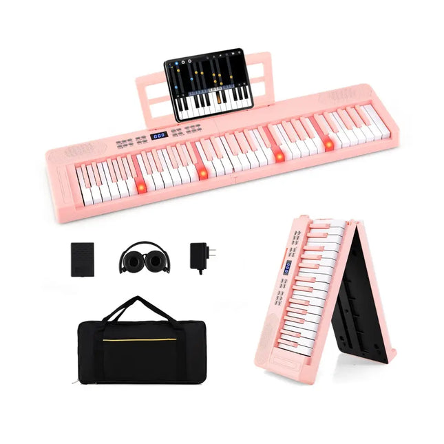 61-Key Foldable Piano Keyboard Full-size Electronic Keyboard with MIDI and Split Function-Pink - Pink - Pianos &