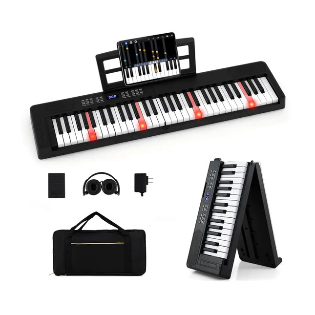 61-Key Foldable Piano Keyboard Full-size Electronic Keyboard with MIDI and Split Function-Black - Black - Pianos &