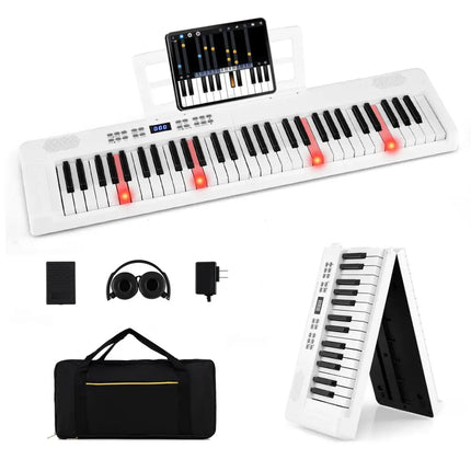 61-Key Foldable Piano Keyboard Full-size Electronic Keyboard with MIDI and Split Function-White - White - Pianos &