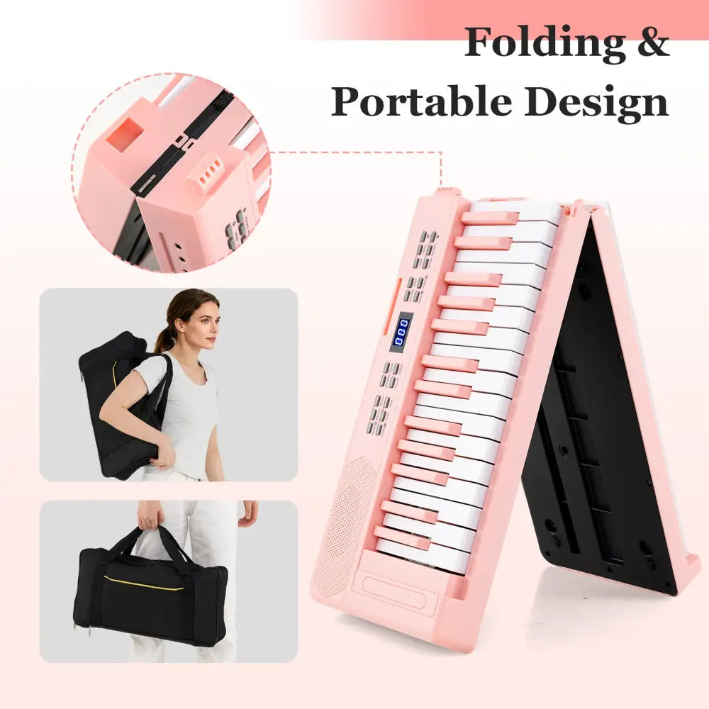 61-Key Foldable Piano Keyboard Full-size Electronic Keyboard with MIDI and Split Function-Pink - Pink - Pianos &