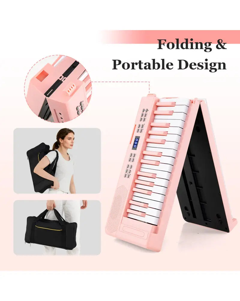 61-Key Foldable Piano Keyboard Full-size Electronic Keyboard with MIDI and Split Function-Pink - Pink - Pianos &