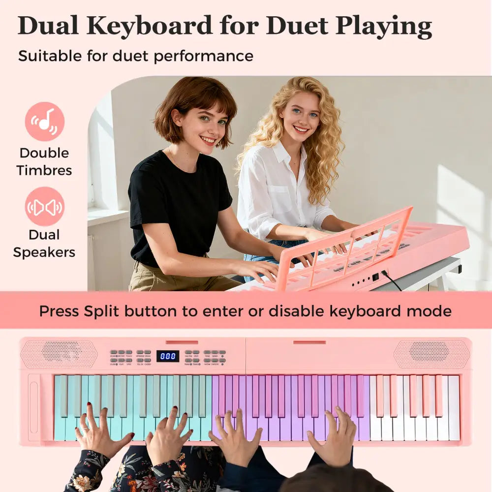 61-Key Foldable Piano Keyboard Full-size Electronic Keyboard with MIDI and Split Function-Pink - Pink - Pianos &