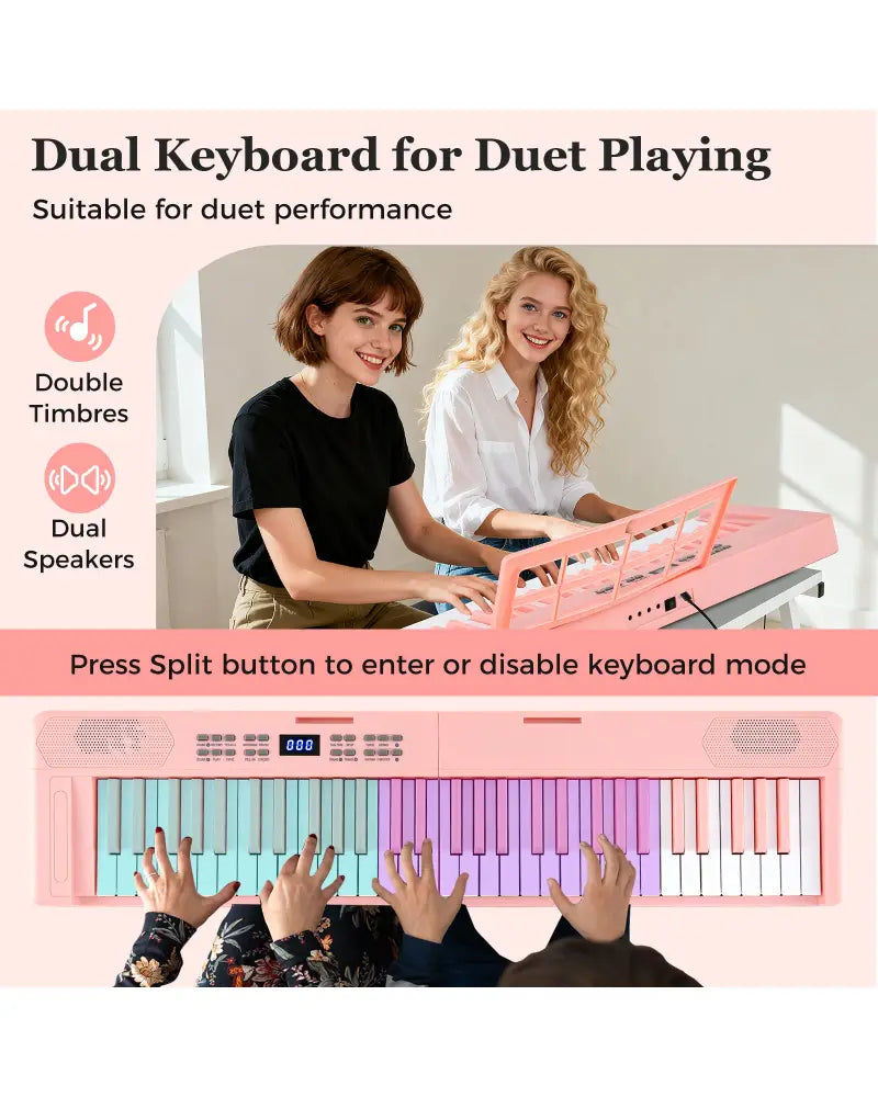 61-Key Foldable Piano Keyboard Full-size Electronic Keyboard with MIDI and Split Function-Pink - Pink - Pianos &