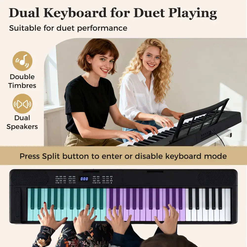 61-Key Foldable Piano Keyboard Full-size Electronic Keyboard with MIDI and Split Function-Black - Black - Pianos &