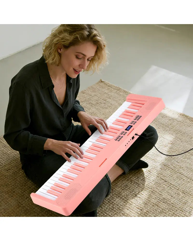 61-Key Foldable Piano Keyboard Full-size Electronic Keyboard with MIDI and Split Function-Pink - Pink - Pianos &