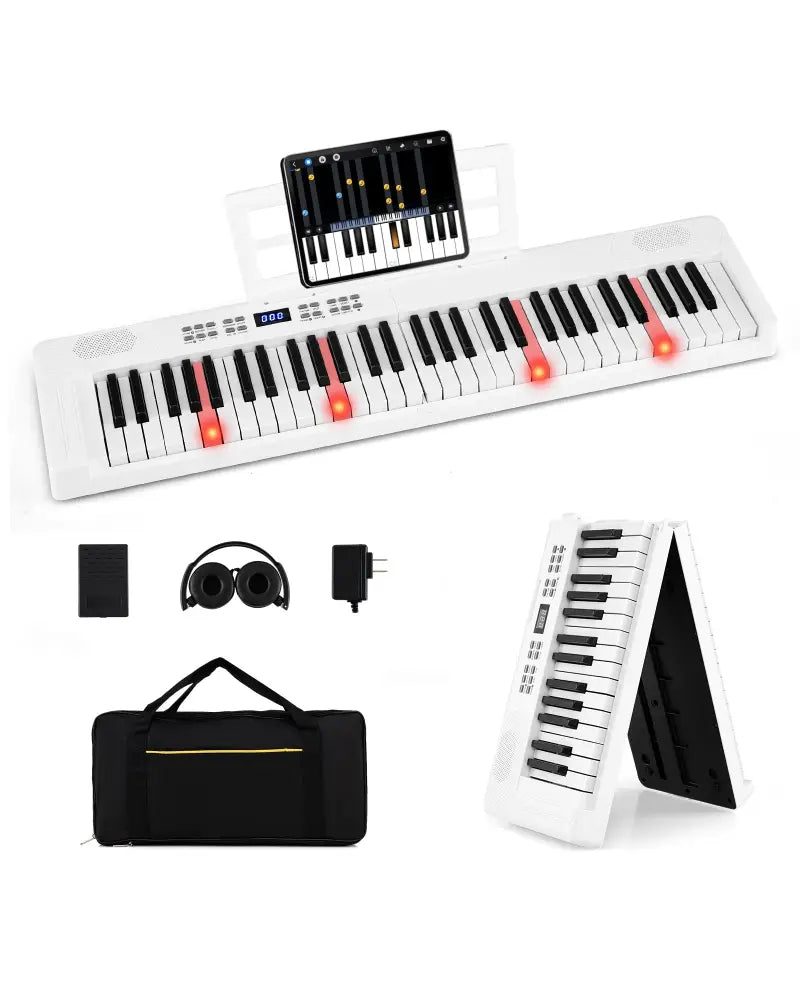 61-Key Foldable Piano Keyboard Full-size Electronic Keyboard with MIDI and Split Function-White - White - Pianos &