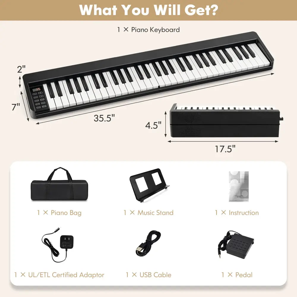 61-Key Folding Piano Keyboard with Full Size Keys and Music Stand-Black - Black - Pianos & Keyboards