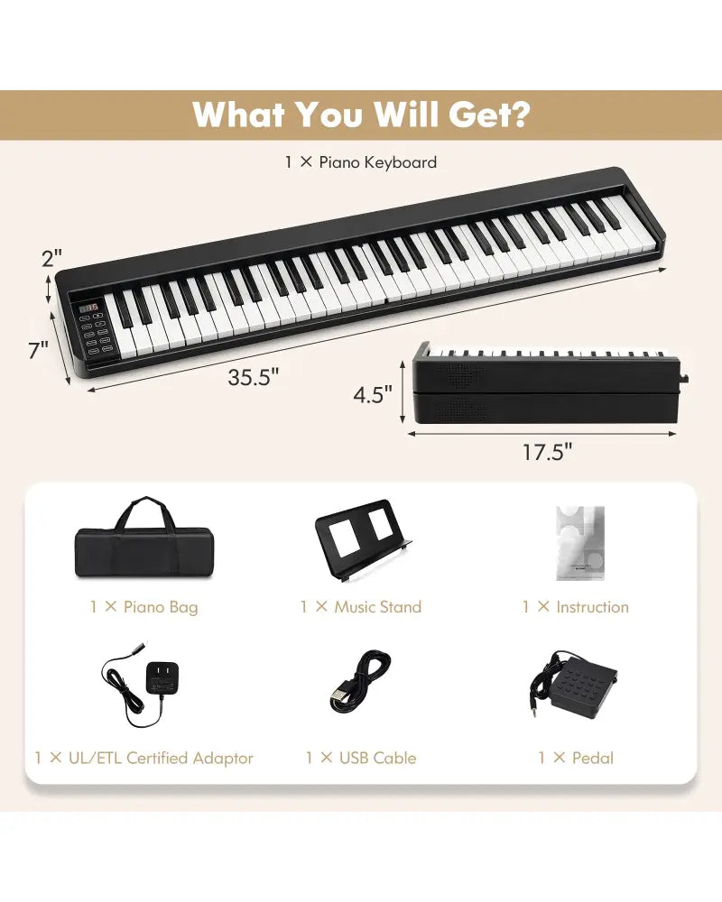 61-Key Folding Piano Keyboard with Full Size Keys and Music Stand-Black - Black - Pianos & Keyboards