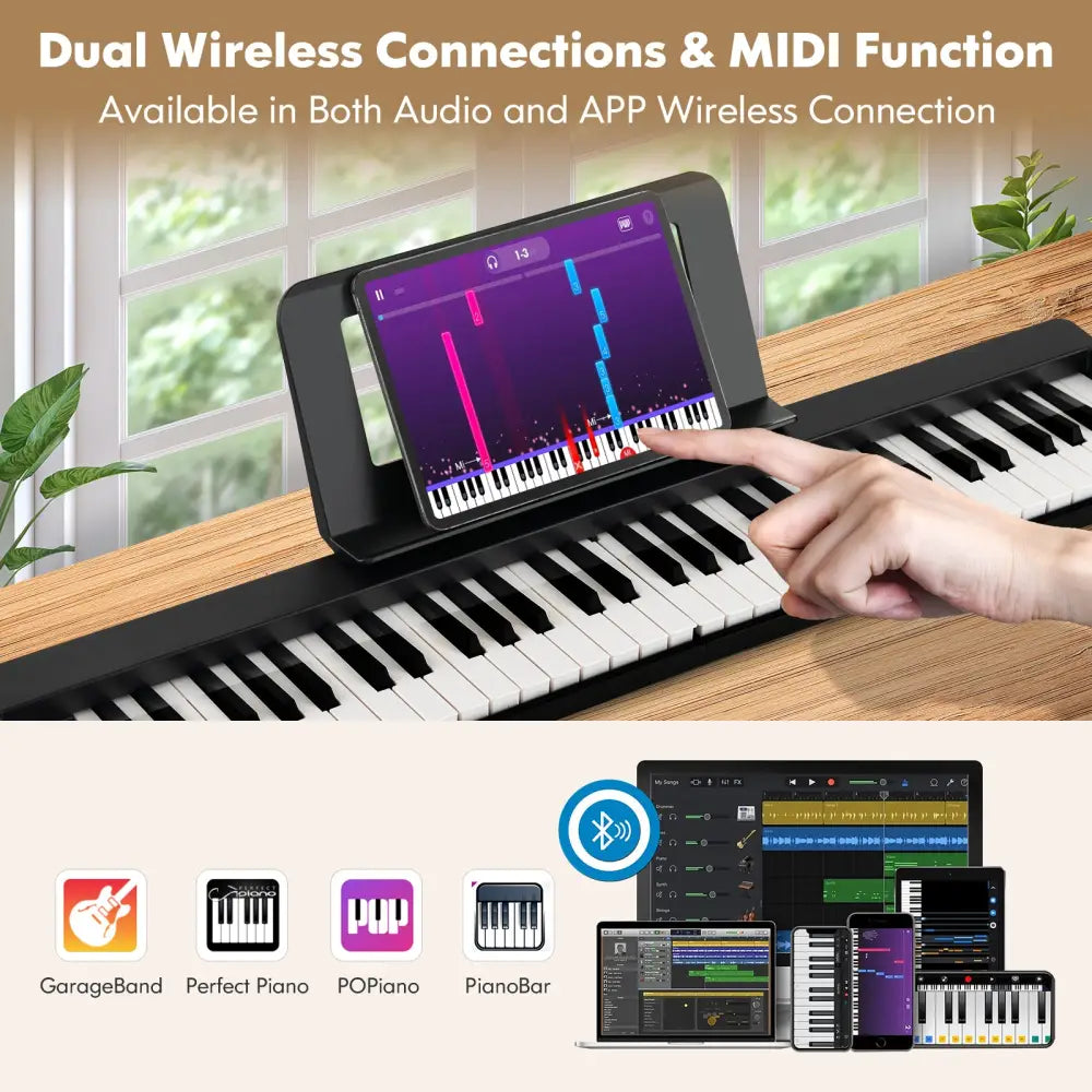 61-Key Folding Piano Keyboard with Full Size Keys and Music Stand-Black - Black - Pianos & Keyboards