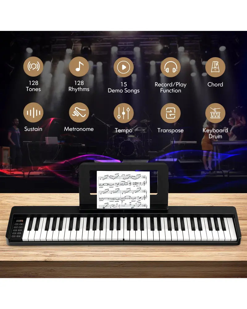 61-Key Folding Piano Keyboard with Full Size Keys and Music Stand-Black - Black - Pianos & Keyboards