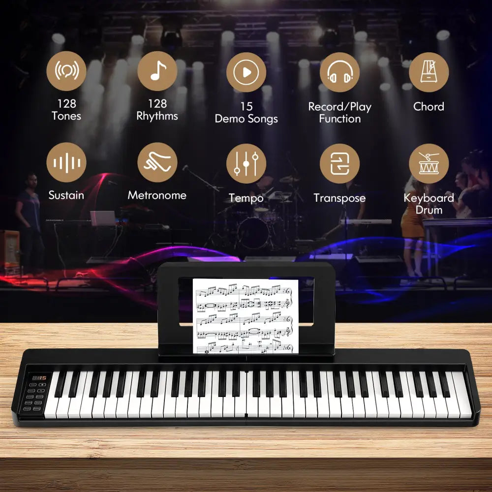 61-Key Folding Piano Keyboard with Full Size Keys and Music Stand-Black - Black - Pianos & Keyboards