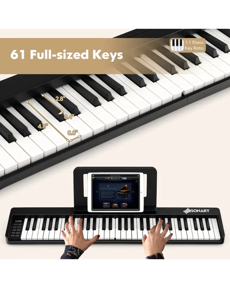 61-Key Folding Piano Keyboard with Full Size Keys and Music Stand-Black - Black - Pianos & Keyboards