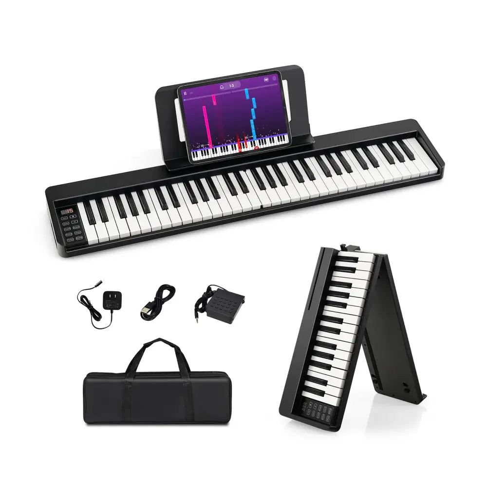 61-Key Folding Piano Keyboard with Full Size Keys and Music Stand-Black - Black - Pianos & Keyboards