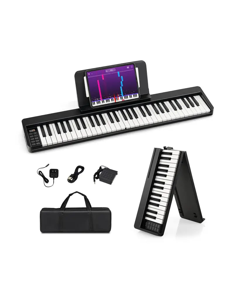 61-Key Folding Piano Keyboard with Full Size Keys and Music Stand-Black - Black - Pianos & Keyboards