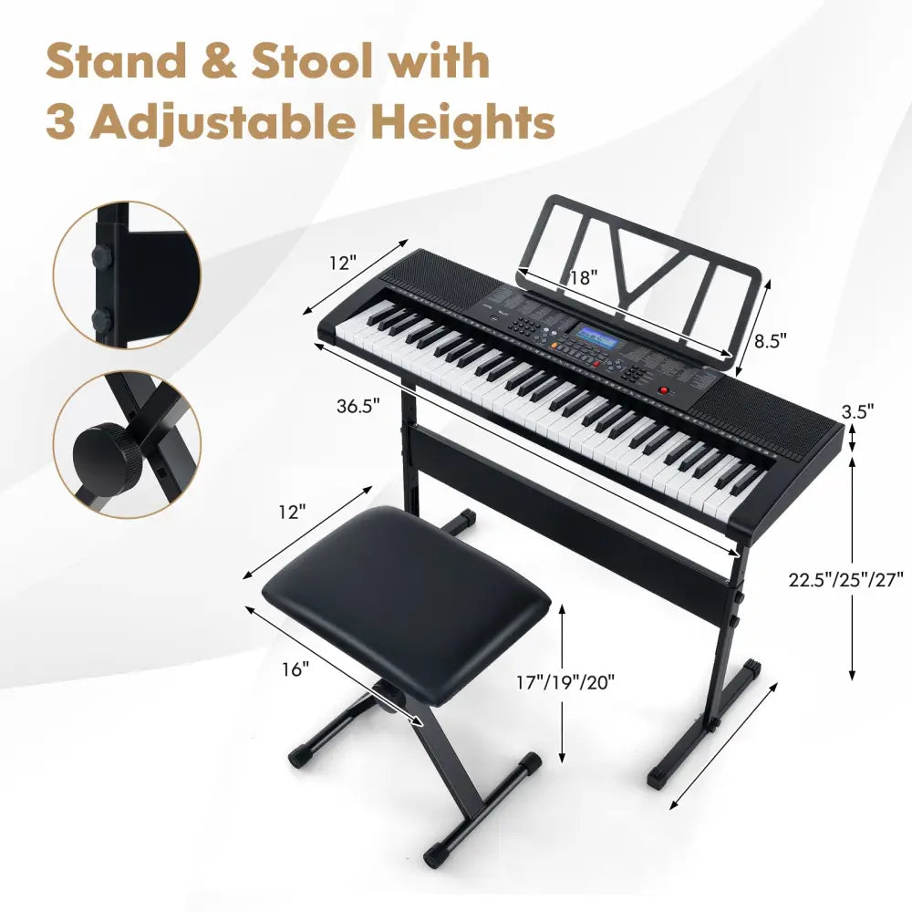 61-Key Portable Electronic Keyboard Piano with Stand and Stool - Black - Pianos & Keyboards