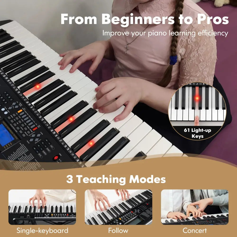 61-Key Portable Electronic Keyboard Piano with Stand and Stool - Black - Pianos & Keyboards