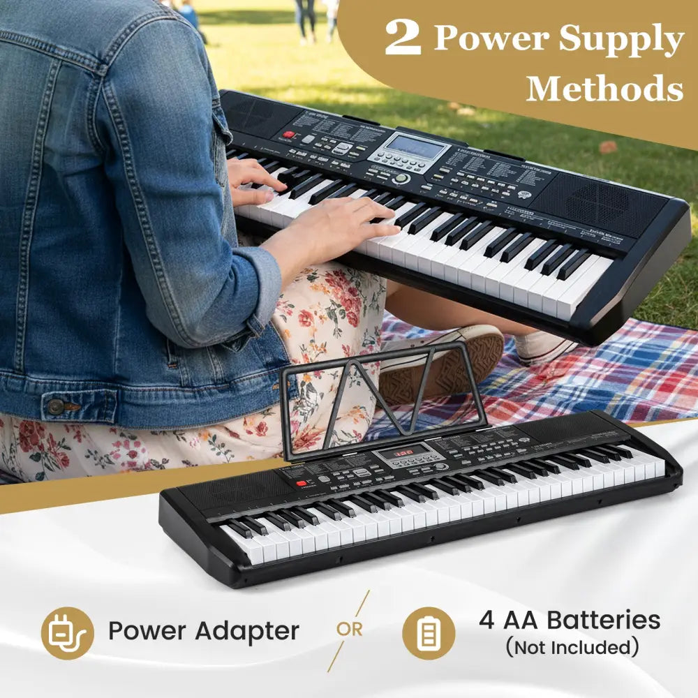 61 Keys Beginners Piano Keyboard Electric Keyboard Kit with Adjustable Stand and Stool-Black - Black - Pianos &