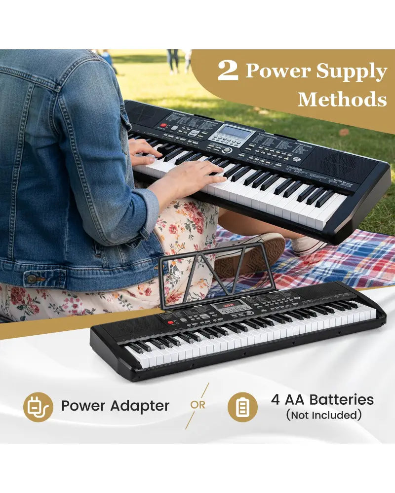 61 Keys Beginners Piano Keyboard Electric Keyboard Kit with Adjustable Stand and Stool-Black - Black - Pianos &
